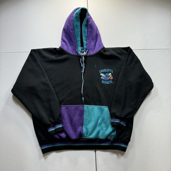 Vintage Starter Charlotte Hornets Hoodie Men’s Large Black‎ Double Faced NBA 90s - Picture 1 of 8